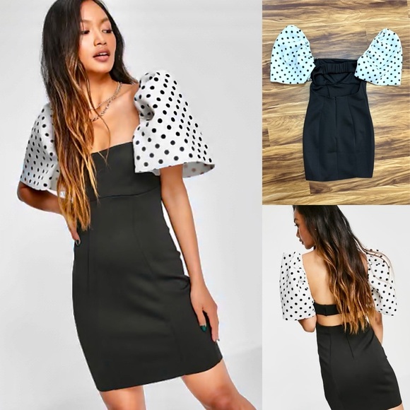 ASOS Black Dress with Polka Dot Puff Sleeves - Picture 3 of 6